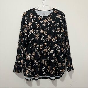 J. Jill Fit Performance 4X Long Sleeve Tee Top Black Floral Print Tunic Stretch